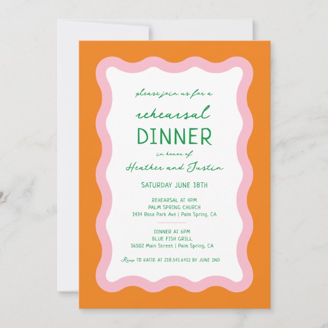 Vågigt Retro-färgfull 70-sekundersmiddag för Bröll Inbjudningar (Framsida)