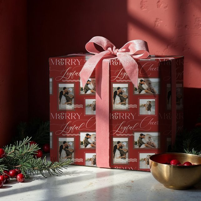 Vågigt Retro Modern Photo Collage med Glatt Cheer Presentpapper (Merry Joyful Cheer Wavy Retro Modern Photo Collage Wrapping Paper)