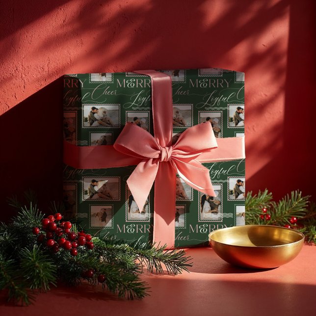 Vågigt Retro Modern Photo Collage med Glatt Cheer Presentpapper (Merry Joyful Cheer Wavy Retro Modern Photo Collage Wrapping Paper)