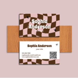 Vågigt Retro Rosa & Brown Checker med QR-kod Visitkort