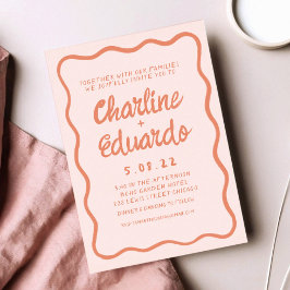 Vågigt Retro Rosa och Red Handwrite Bröllop Inbjudningar