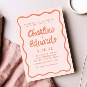 Vågigt Retro Rosa och Red Handwrite Bröllop Inbjudningar