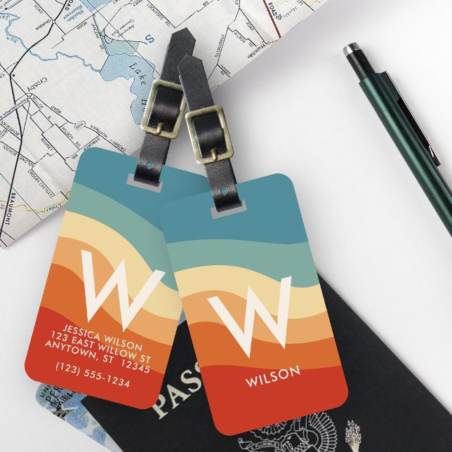 Vågigt Retro Stripe Monogram Personligt Bagagebricka (Skapare uppladdad)