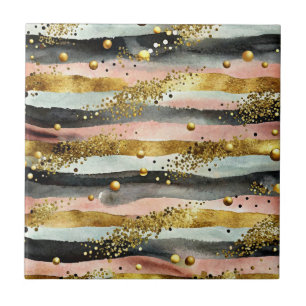 Vågigt Rosa & Black Rand med Guld Glitter Kakelplatta
