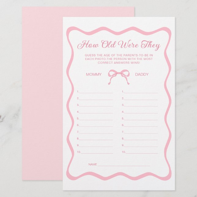 Vågigt Rosa Bow Baby Shower gissa åldersmatchen (Fram/baksida)