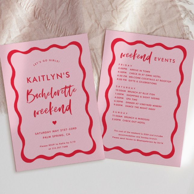 Vågigt Rosa och Röda Bachelorette Helg Itinerary Inbjudningar (Skapare uppladdad)