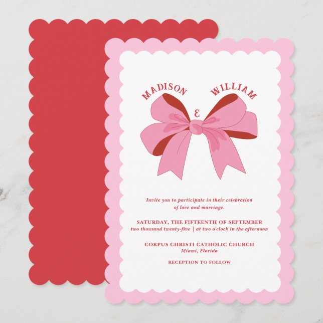 Vågigt Rosa Red Bröllop Inbjudningar (Fram/baksida)