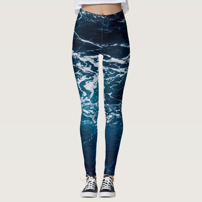 Vågigt skummande mörk blått havet vatten leggings (Framsida)
