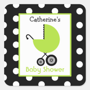 Vagn & polka dots för baby shower grön fyrkantigt klistermärke