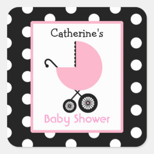 Vagn & polka dots för baby shower rosa fyrkantigt klistermärke