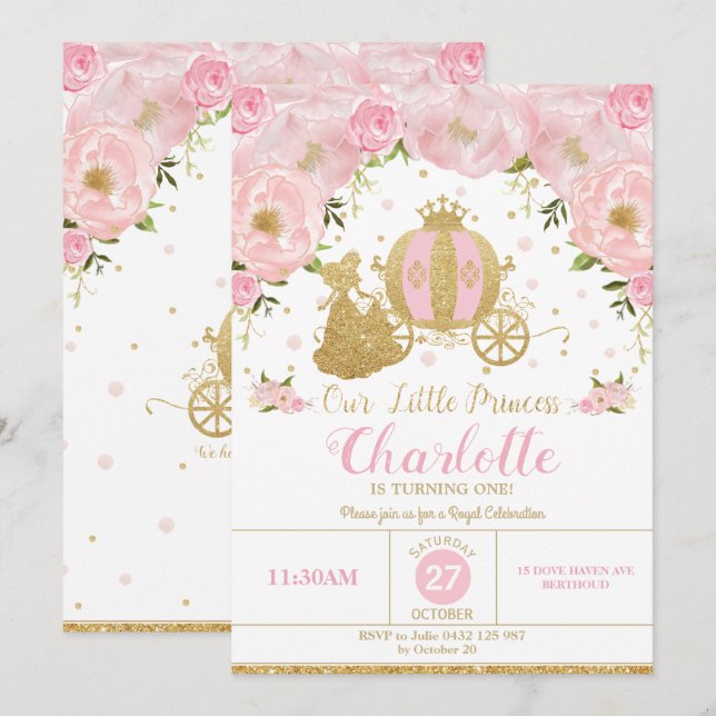 Vagnsrosor och guld för Princess födelsedagsfest Inbjudningar (Fram/baksida)