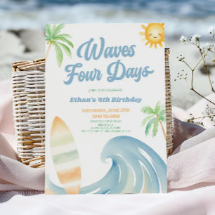 Vågor Fyra Dagar Beach Surf Blå 4-års födelsedagsf Inbjudningar