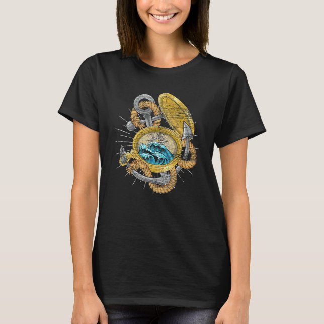 Vågor Kompass Ankare Sjöman Marin Skipper Segla T Shirt (Framsida)