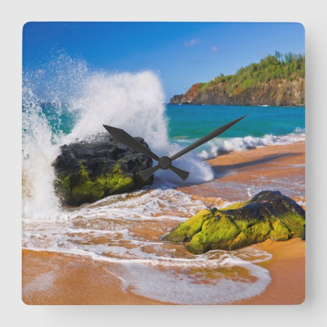 Vågor kraschar på stranden, Hawaii Fyrkantig Klocka (Framsida)