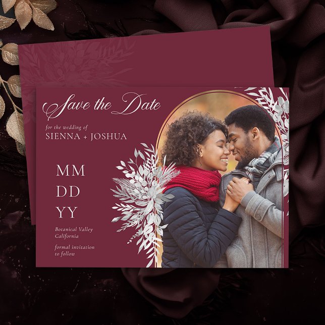 Vågrät Arch Photo Botanical Foliage Burgundy Spara Datumet (Photo Save the Date Invite in Burgundy and Grey from the Foliage Duet Collection by Darling & May)