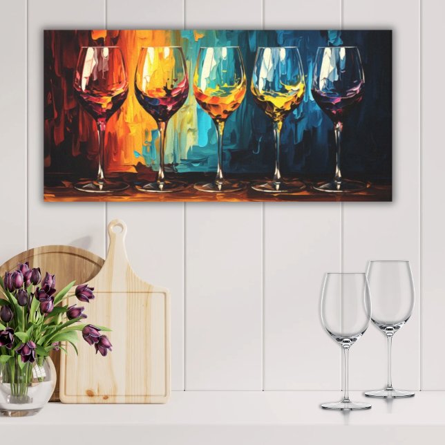 Vågrät av färglösa Vin-glasögon Canvastryck (Canvas Print Oil Painting Style Rich Colorful Moody Wine Glasses in a Row Bar Kitchen Art)