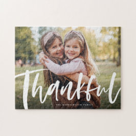 Vågrät av fotofamilj med tacksam thanksgiving pussel