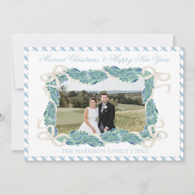 Vågrät  av julblått Gingham Garland Vintage Julkort (Framsida)