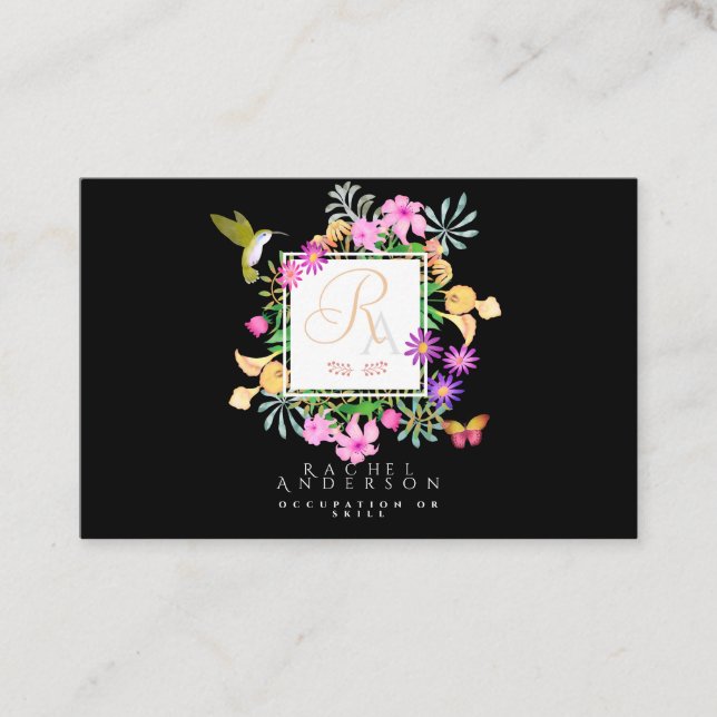 Vågrät blommigt Garden Black Visitkort (Framsida)