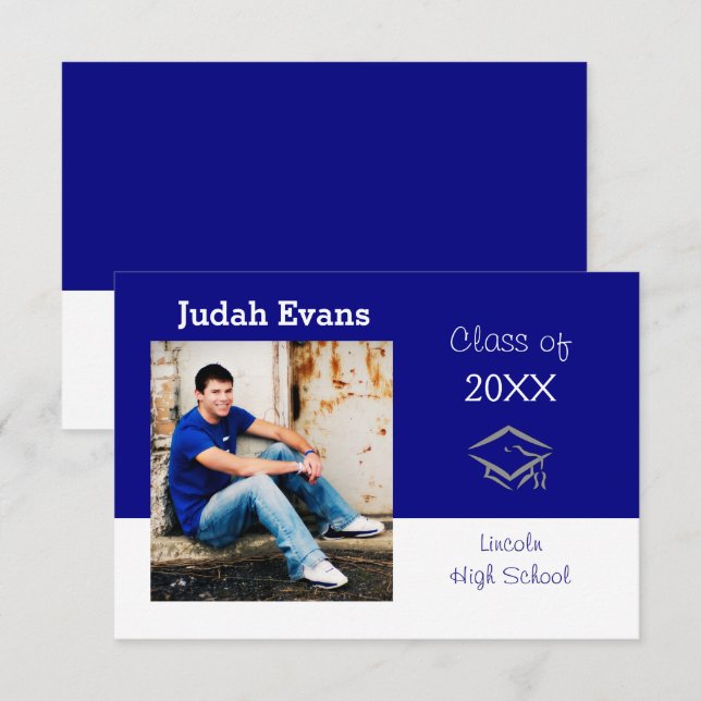 Vågrät Blue med foto3x5 Studenten Inbjudningar (Fram/baksida)
