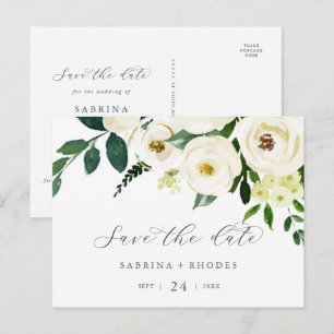 Vågrät elegant Vit Blommigt Spara datum Inbjudan Vykort