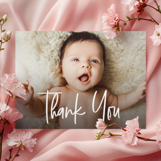 Vågrät Flicka-fotohanteringsskript Tack Kort (Customizable horizontal baby photo thank you card.)