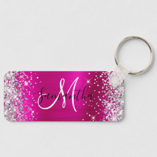 Vågrät för Glittery Shock rosa Foil Monogram Smala Nyckelring