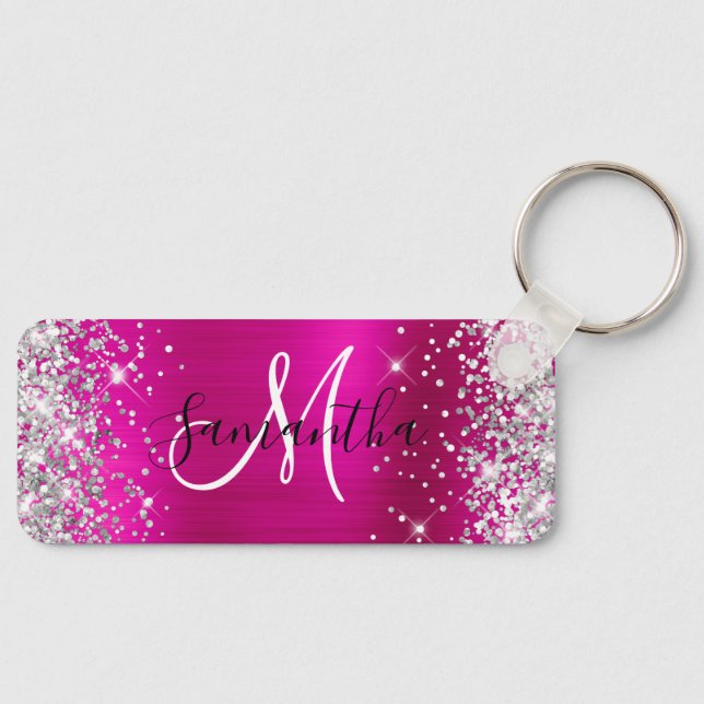 Vågrät för Glittery Shock rosa Foil Monogram Smala Nyckelring (Framsida)