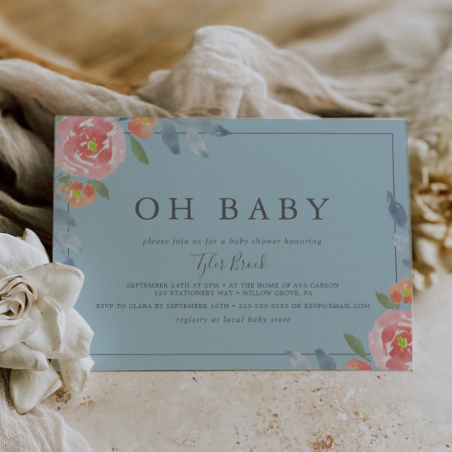 Vågrät Första bloom Blommigt Oh Baby Baby Shower Inbjudningar (Skapare uppladdad)