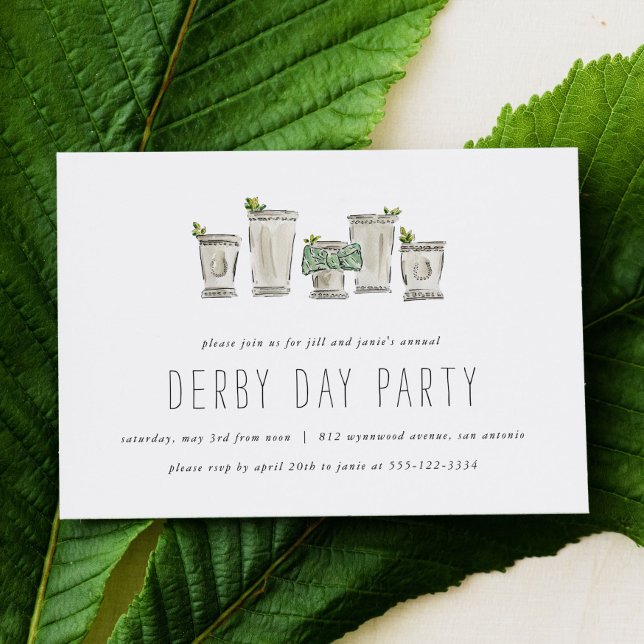 Vågrät Mint Julep Horse Tävling Derby Day Party Inbjudningar (Derby Day party invitation card featuring watercolor mint juleps.)
