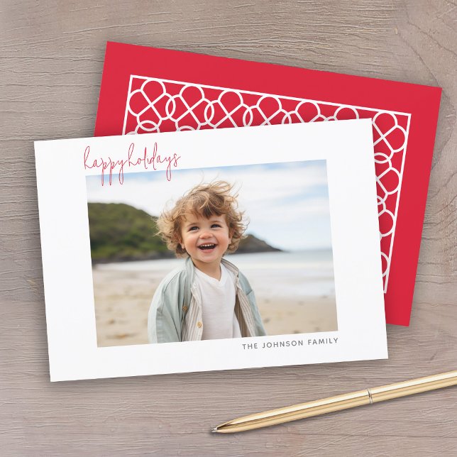 Vågrät Photo Julskript - minimalt Lycklig Julkort (A modern, minimal photo card design with one photo on the front with a classy white gallery border.)