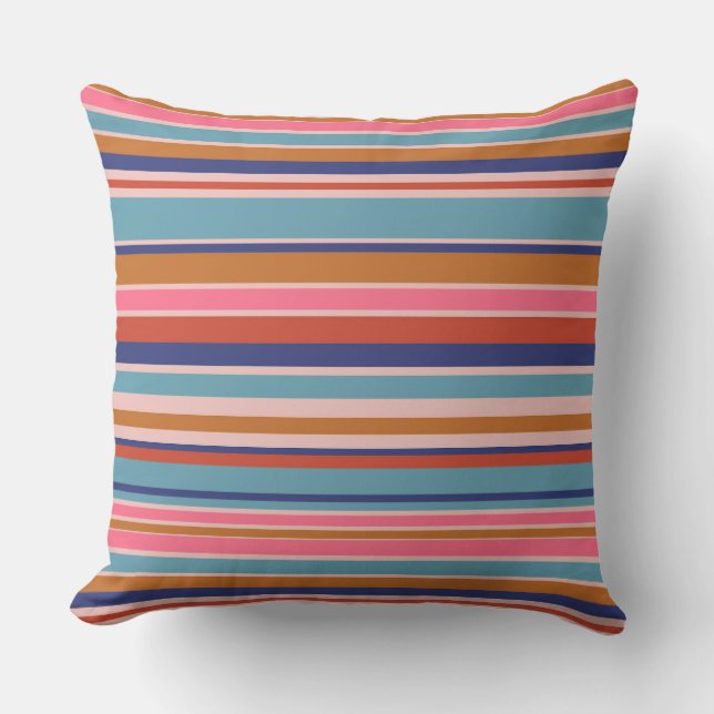 Vågrät rand blå rosa terracotta retro kudde (Framsida)
