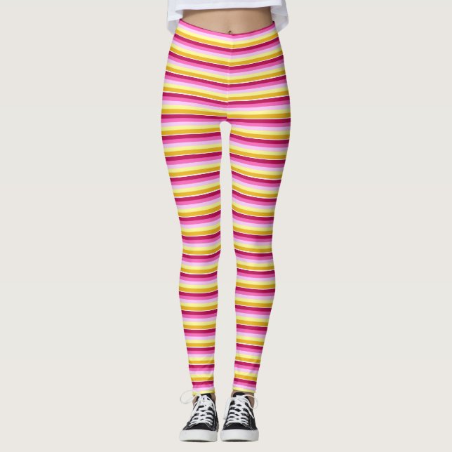 Vågrät Rand Rosa Gult Mönster Leggings (Framsida)