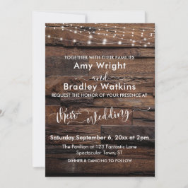 Vågrät Rustic Wood & Light Strings Bröllop Inbjudningar