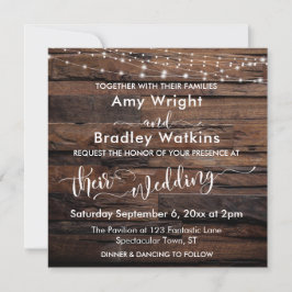 Vågrät Rustic Wood & Light Strings Bröllop Inbjudningar