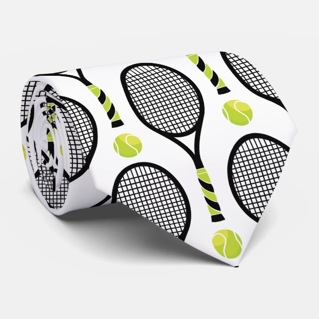 🎾 Vågrät Svart och grönt tennis 🎾 vit Slips (Rullad)