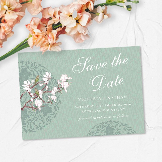 Vågrät Vintage Sage Grönt Chinoiserie Magnetisk Inbjudningskort (Skapare uppladdad)