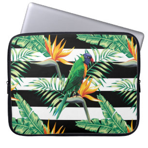 Vågrät Vit och svart Rand och papegoja Laptop Sleeve
