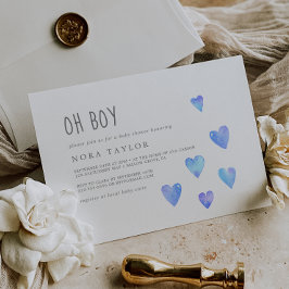 Vågrät Watercolor Hearts Boy Oh Baby Shower Inbjudningar