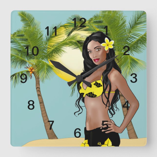 Vahine Pin-up Wall Clock Day Square Fyrkantig Klocka (Framsida)