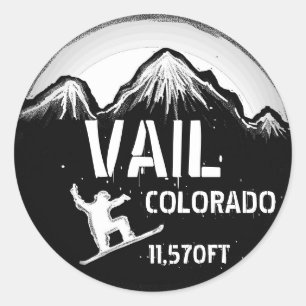 Vail Colorado svartvita snowboard-konstaktiketter Runt Klistermärke
