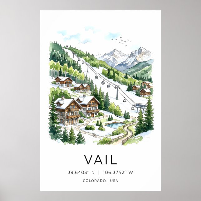 Vail Colorado Väggkonst Akvarell Vinterby (Framsidan)