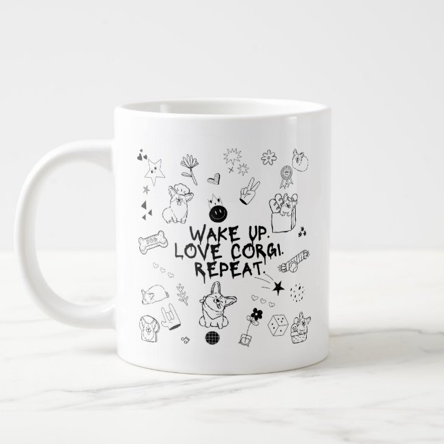 'Vakna. Älska Corgi. Upprepa.' Lekfull Svart Vit Jumbo Mugg (Vänster)