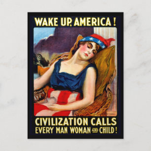 Vakna Amerika, patriotisk kvinna sover, vintage kr Vykort
