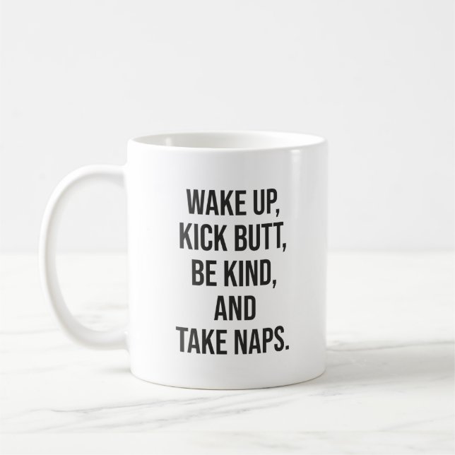 Vakna, knacka, var vänlig och ta kranar - roligt kaffemugg (Vänster)