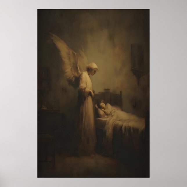 Väktandeängel som vakar över sovande barn poster (Framsidan)