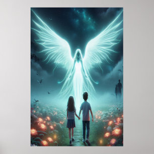 Väktarängel + Två barn som går en mörk stig Poster