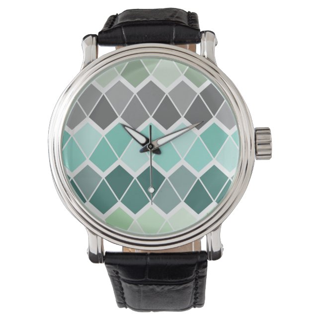 Vaktblått, Grått Grönt och vit geometrisk Mönster Armbandsur (Framsida)