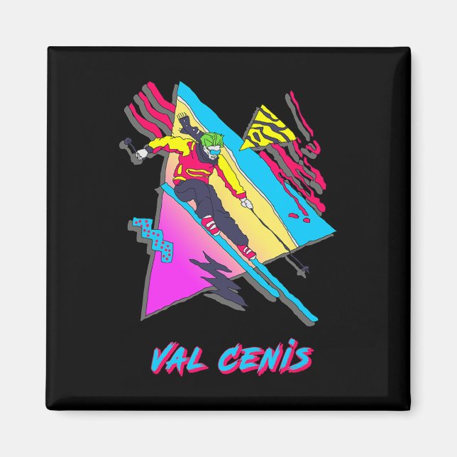 Val Cenis Retro Ski Skiing-tecken med Abstrakt Magnet (Framsidan)