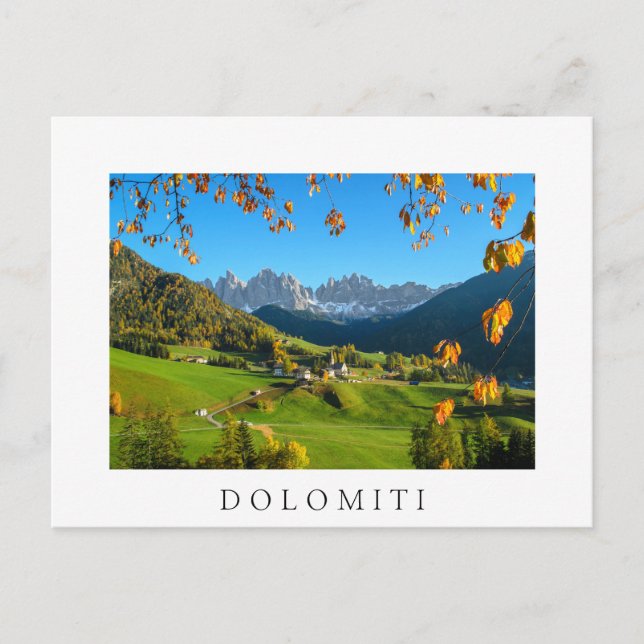 Val di Funes-dalen med höst löv-vita kort (Framsida)